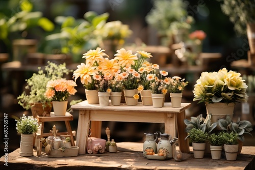 Yellow flower seedlings and garden items on a wooden table photo
