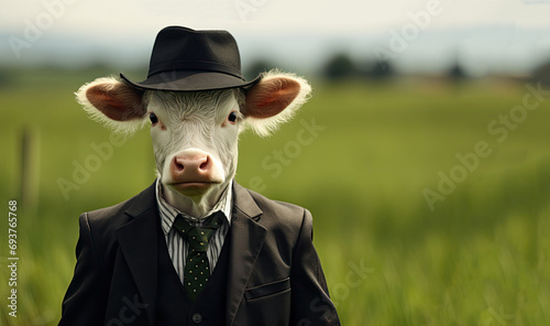 A cow in a business suit, hat and tie on a field background.
