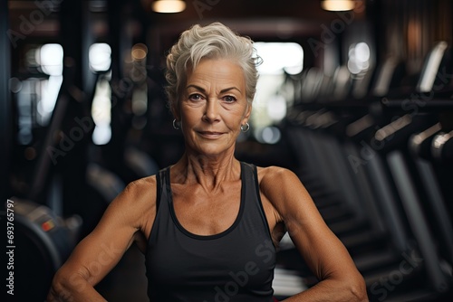 An elderly woman in a black T-shirt in the gym.