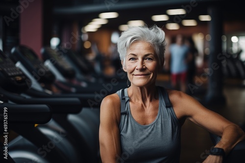 A happy old woman in the gym.