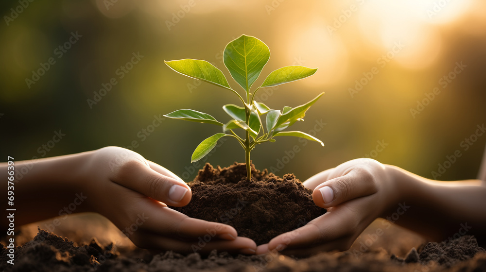 Woman hold young plant and soil with sun in background. Generative ai. Woman hold young plant and soil with sun in background. Generative ai.