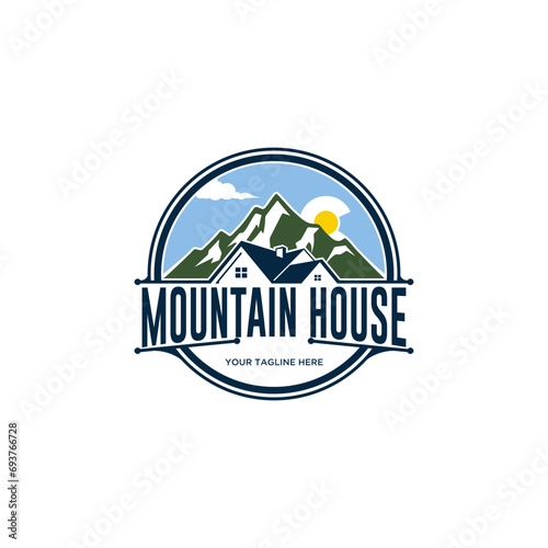 Mountain house combined vector logo symbol, Property house logo real estate emblem rounded shape mountain hill window roof home, property logo, mountain house logo, home and business logo design