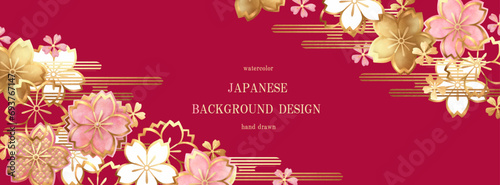 桜, 和柄, 花, 春, 水彩, 背景, フレーム, 金箔, ピンク, ゴールド, 年賀状, 和, 和風, ベクター, イラスト