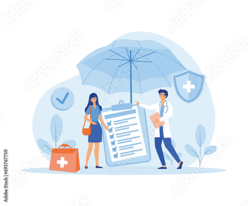  Health insurance concept. Big clipboard with document on it under the umbrella. Healthcare, finance and medical service. flat vector modern illustration 