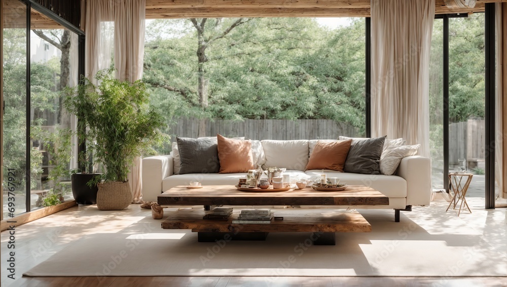  Rustic coffee table near white fabric sofa against the window. Japan style home interior design of modern living room