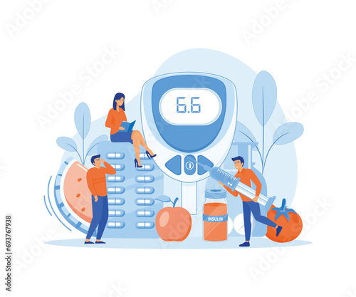 Tiny people with diet food, diabetes medicine and glucometer for blood sugar level test vector concept. flat vector modern illustration  photo