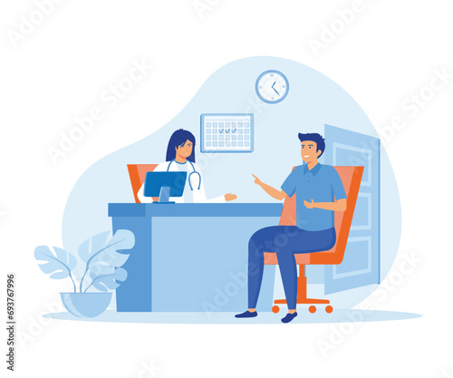 Patient Consults Symptoms of Disease with a Therapist Doctor in Hospital. Medical Person Character. flat vector modern illustration 