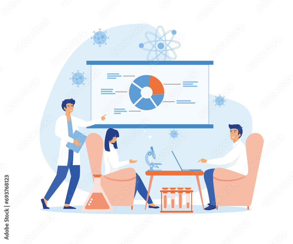 Scientists men and women working at science lab. Laboratory interior, equipment and lab glassware. flat vector modern illustration Scientists men and women working at science lab. Laboratory interior, equipment and lab glassware. flat vector modern illustration