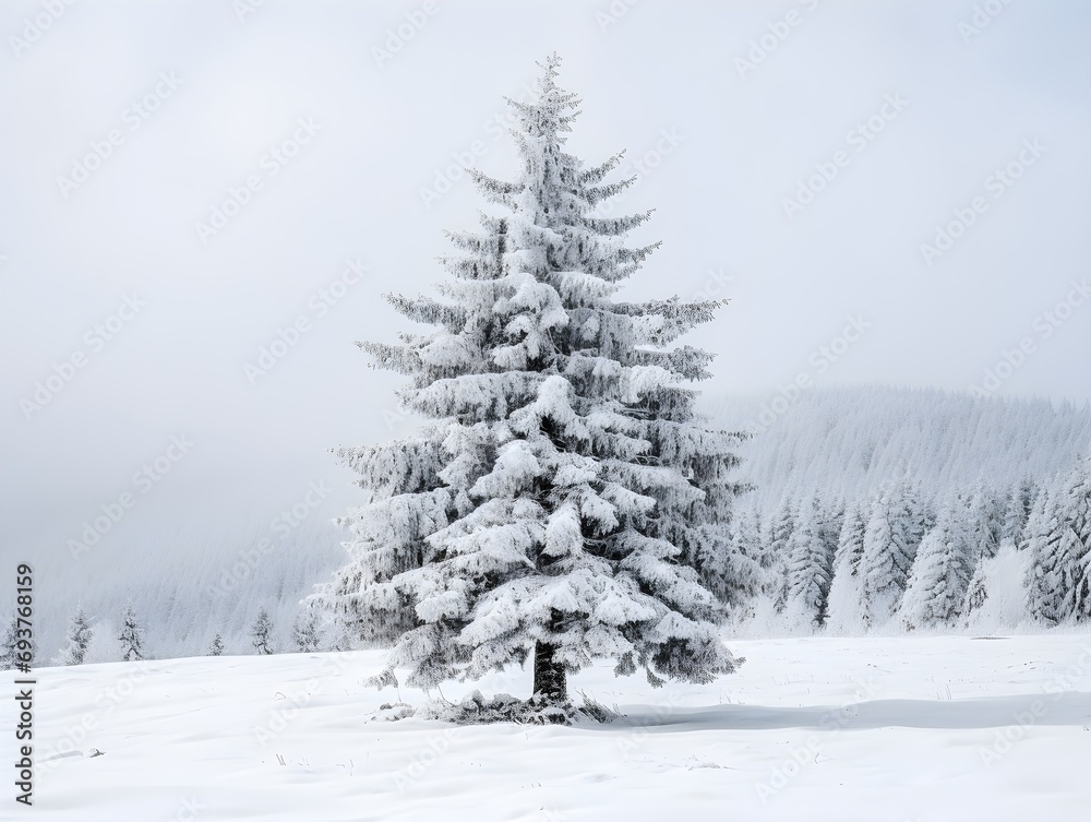 Fir tree covered by snow in winter. Winter and holidays concept.