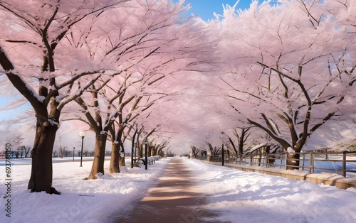 Snow covered road surrounded by cherry blossom trees on both sides Winter and holidays concept © AmirsCraft