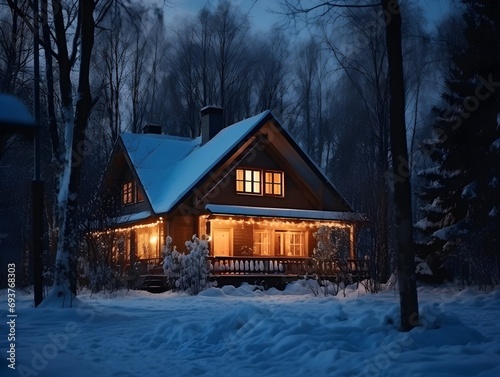 Snow-covered wooden house in the forest at winter night landscape