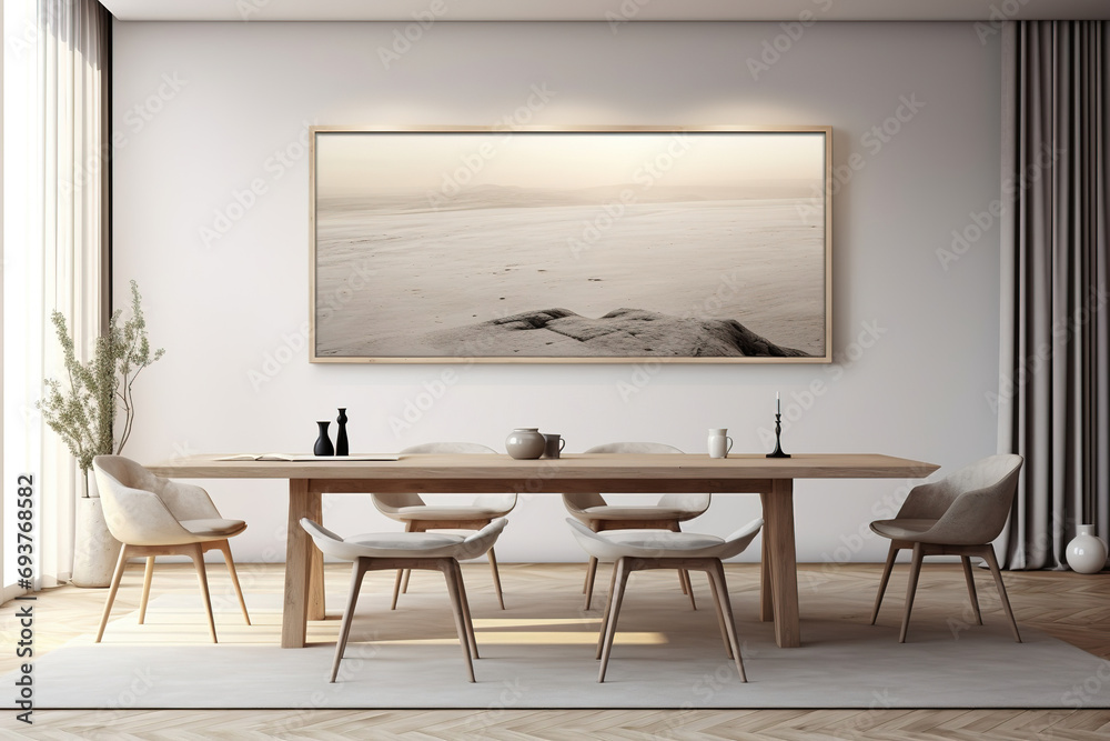 Fototapeta premium living room with a minimalist table and chairs and a large mockup painting