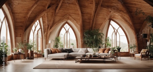 The home has a vaulted cathedral ceiling. modern living room interior design 