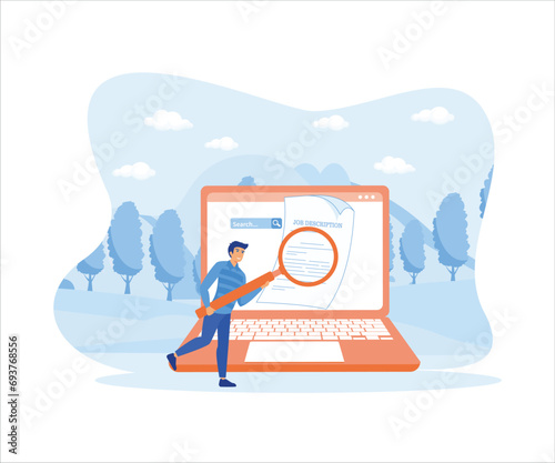  Unemployment person hold magnifying glass to look at job description hard copy which come out of laptop screen. flat vector modern illustration 