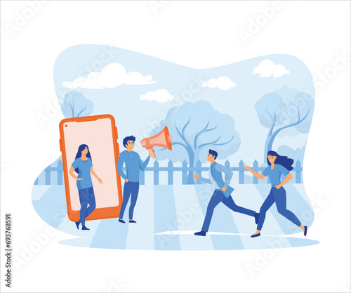 Man and Women get out of the smart phone with megaphones to refer a friend. flat vector modern illustration 