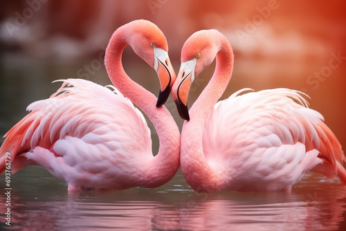 Two pink flamingos forming heart shape with their necks © Boraryn