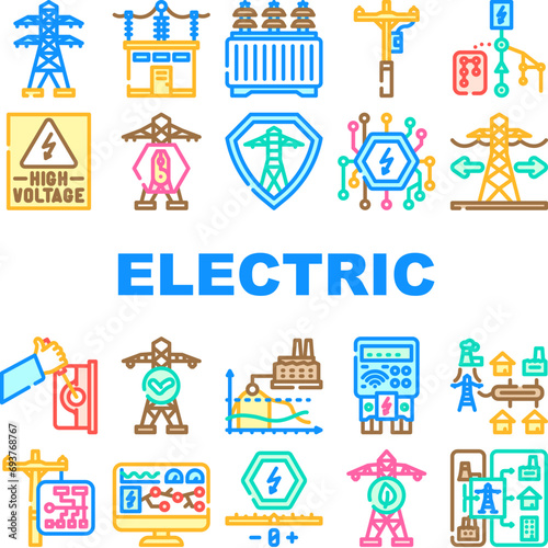 electric grid energy power icons set vector. transmission high, tower industry technology plant, pole voltage, solar, wind electric grid energy power color line illustrations