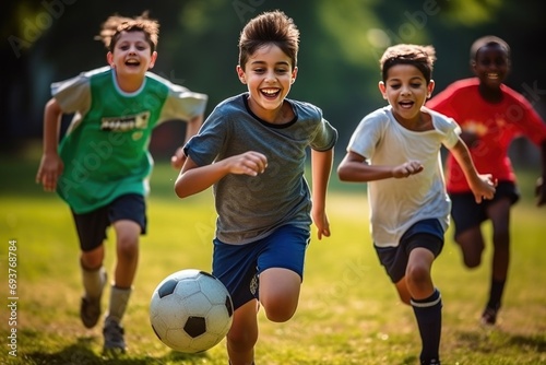 Joyful children playing soccer outdoors on sunny day. Youth sports and teamwork. © Postproduction
