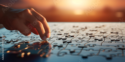 hand with puzzle piece, Business person team work holding jigsaw to connecting successful puzzle piece for matching to goals target success, Holding a blue final piece of the jigsaw, generative AI 
