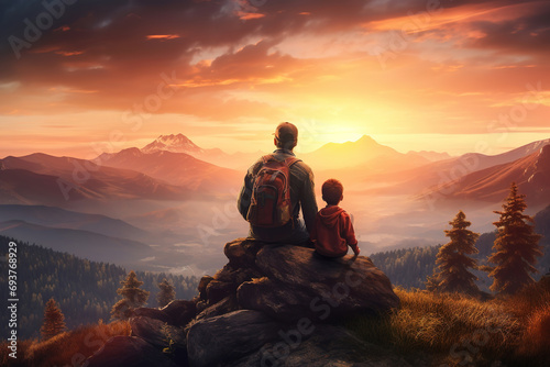 father with his son on the top of the mountain watching the sunset - concept of education and life lessons © arhendrix