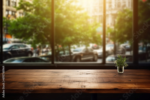Empty wooden table in a restaurant or cafe room with a relaxing atmosphere