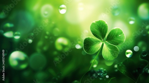 Green clover leaves with dew drops on green background. St.Patrick's Day