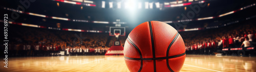 basketball ball in a stadium close up - copyspace