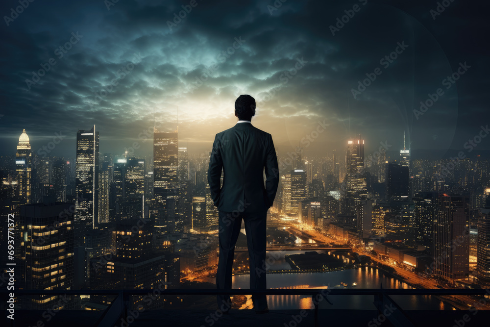 Back view of Businessman looking at night City Ai generator Back view of Businessman looking at night City Ai generator
