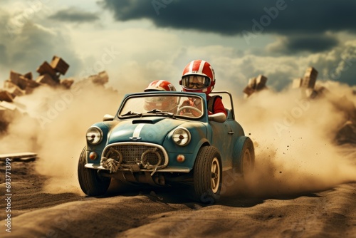 Junior Racers: Children's Miniature Car Adventure in Dusty Arena. Kids in a toy car race, raising dust on a track.
