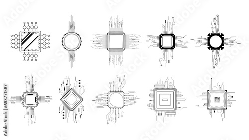 Set Abstract Collection Black Simple Line Cpu, Computer, Technology Doodle Outline Element Vector Design Style Sketch Isolated On White Background Illustration