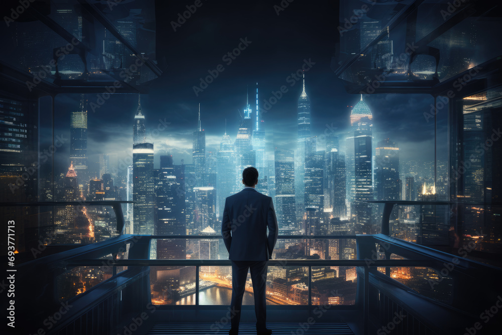 Back view of Businessman looking at night City Ai generator Back view of Businessman looking at night City Ai generator