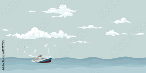 Seascape with fishing boat followed by seagulls at skyline vector illustration. Ocean with ship, sky and clouds background. © Wasitt