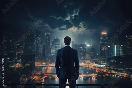 Back view of Businessman looking at night City Ai generator © Tanu