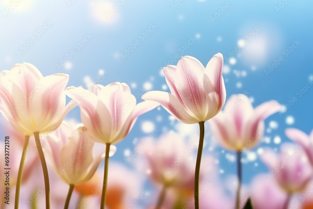 beautiful blooming tulip field on abstract blue sky in springtime, floral concept. generative ai.