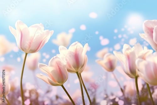 beautiful blooming tulip field on abstract blue sky in springtime, floral concept. generative ai.