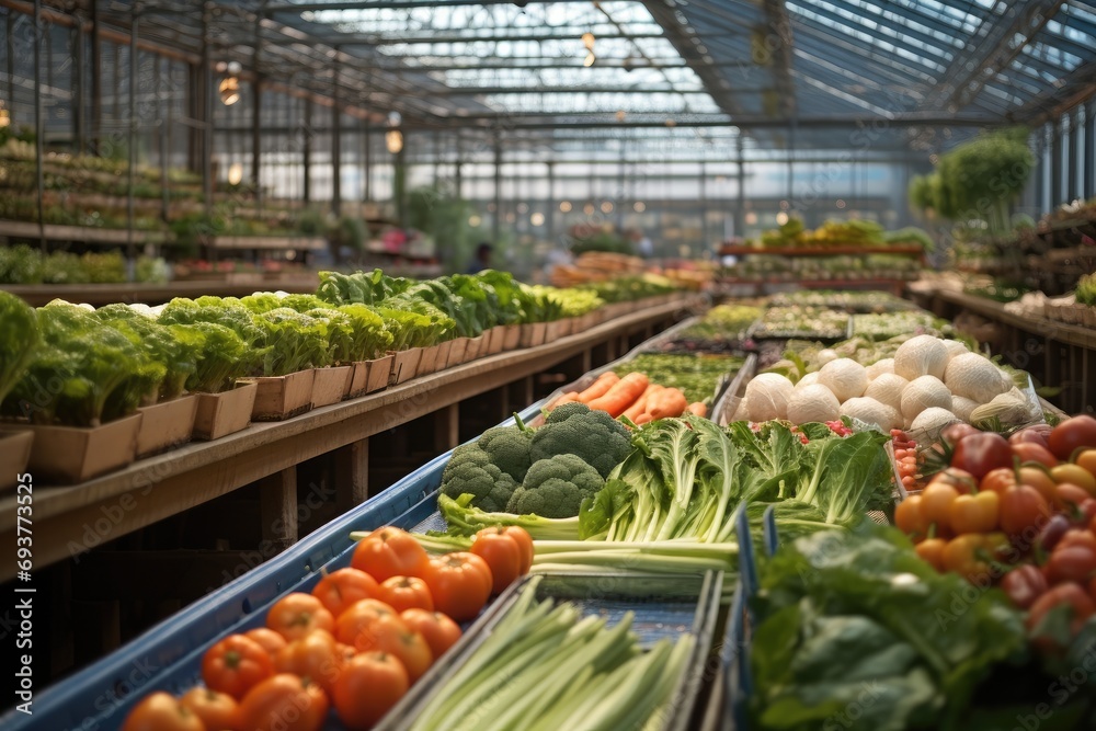 Colorful indoor vegetable market. Generative AI.