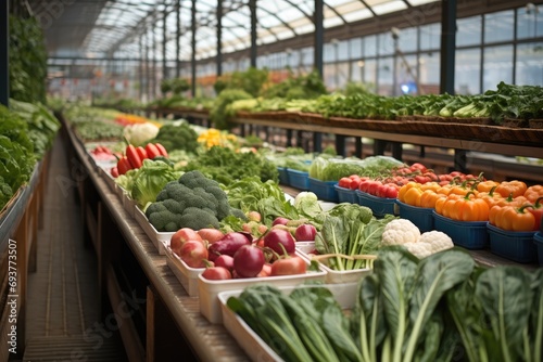 Colorful indoor vegetable market. Generative AI.