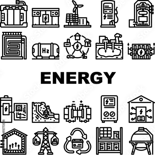 energy storage power battery icons set vector. solar panel, system grid, photovoltaic lithium, electric green, ion, smart, industry energy storage power battery black contour illustrations