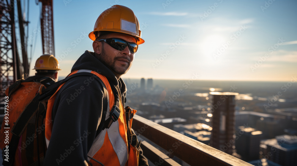 Construction workers atop a skyscraper. Generative AI. Construction workers atop a skyscraper. Generative AI.