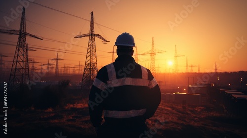 Silhouette engineer standing orders for construction crews to work on construction of the extension of high - voltage towers. Generative AI. © visoot