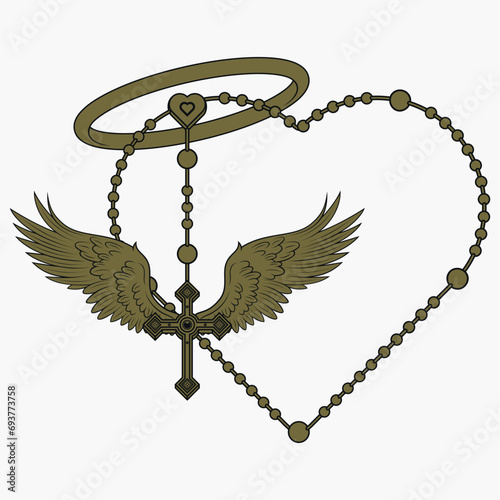 Winged Christian cross with heart-shaped rosary