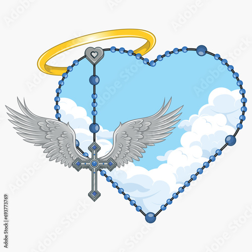 Winged Christian cross with heart-shaped rosary