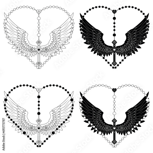 Winged Christian cross with heart-shaped rosary