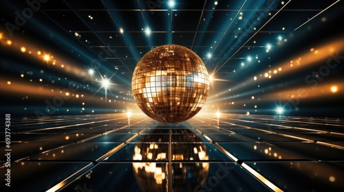 Disco ball rays, Dance floor room with mirror ball reflections, Night club stage lights and party background. Generative AI.