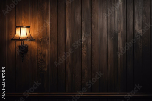 Close up of dark interior half wall wood paneling with lamp, surface material texture photo
