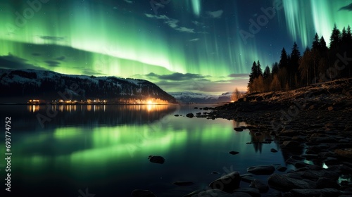Aurora lights up the night sky and lake, Reflecting in water. Generative AI. © visoot
