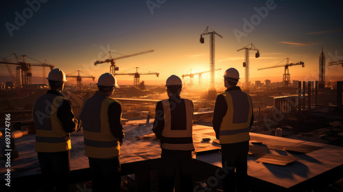 Engineers looking for blueprints in construction sites through construction sites at sunset. Generative AI.