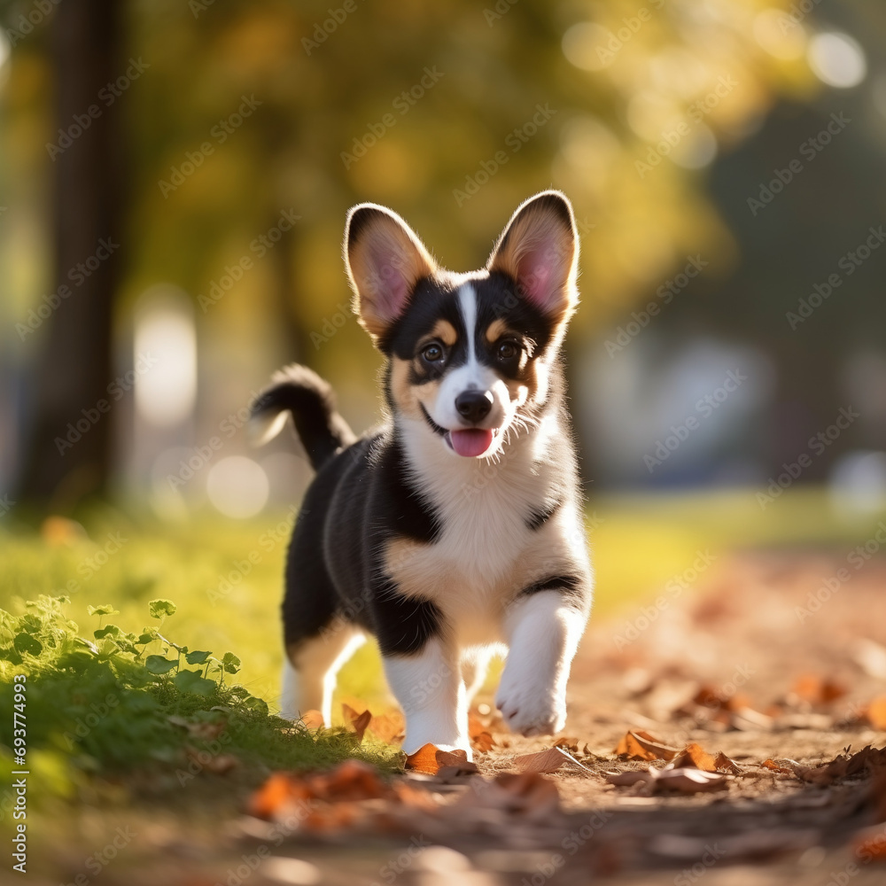 Cute Welsh Corgi puppy on a walk 