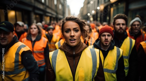Several women and men angry dressed in yellow safety vests, Demonstrate against poverty. Generative AI.