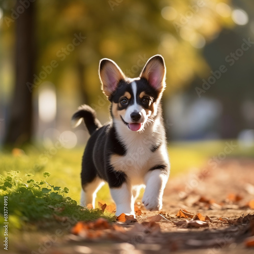 Cute Welsh Corgi puppy on a walk 